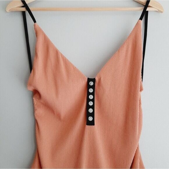 TOPSHOP Ribbed Plunge V-Neck Button Detail Swimsuit Nude One Piece Sz 10 - Picture 5 of 11